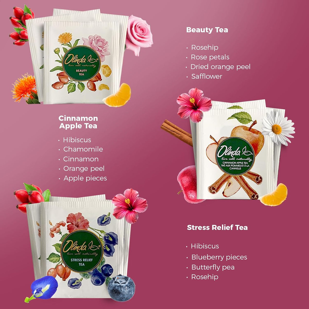 Olinda Healing Flowers & Roots Gift Box Natural Caffeine Free Tea Herbal Tea Bags Healthy Beauty Tea Wellness Stress Relief Tea Sampler Gift Set Premium 9 Vareity Individually Wrapped 45 Tea Bags 1 Tea Gift Box for Women