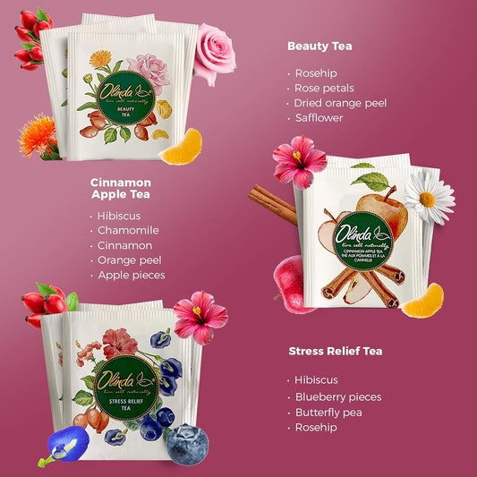 Olinda Healing Flowers & Roots Gift Box Natural Caffeine Free Tea Herbal Tea Bags Healthy Beauty Tea Wellness Stress Relief Tea Sampler Gift Set Premium 9 Vareity Individually Wrapped 45 Tea Bags 1 Tea Gift Box for Women