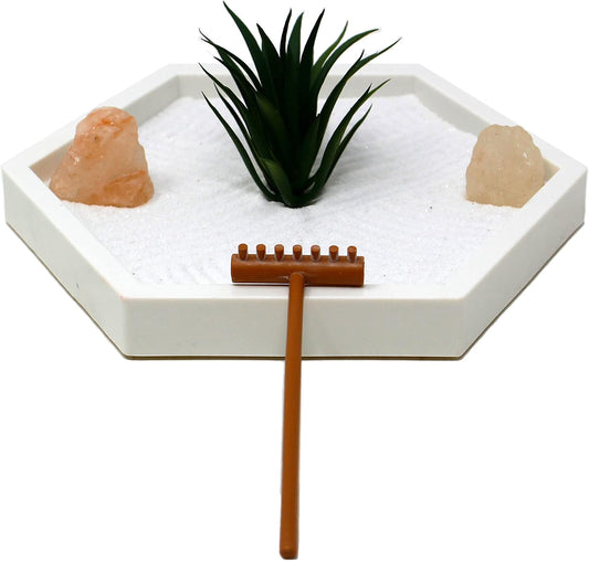 Nature's Mark Mini Zen Garden Kit for Desk with White Sand, Rake, White Base, Salt Rock and Air Plant (Round)