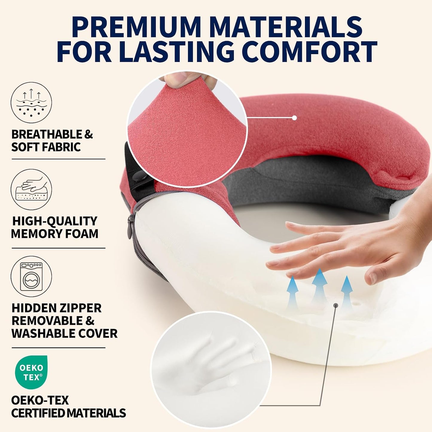 BUYUE Travel Neck Pillows for Airplanes, Memory Foam 360° Head Support Sleep for Long Flight, Skin-Friendly & Breathable, Kit with Eye Mask, Earplugs and Storage Bag (Adult, Grey, 90+ lbs)
