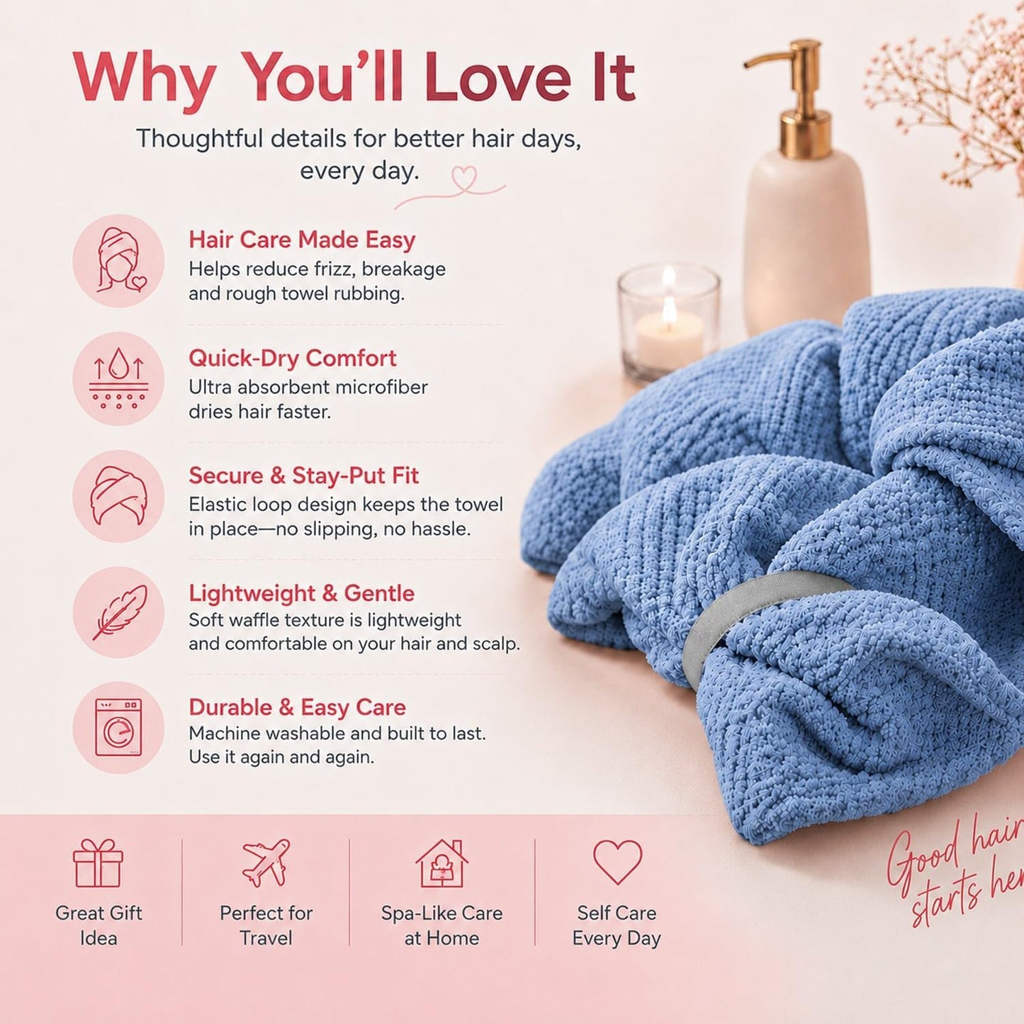 Large Hair Towel Wrap for Women, Quick-Dry Turban, Ultra Absorbent & Anti-Frizz, Ideal for Long, Thick & Curly Hair, Soft Lightweight Microfiber Drying Towel (24x42, Blue)