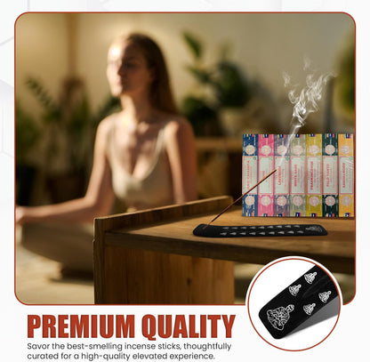 Incense Sticks Variety Pack with Wooden Holder | Nag Champa, Rose, Lavender, White Sage, Frankincense, Palo Santo & Sandalwood | Hand-Rolled Masala Incense