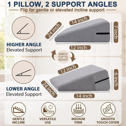 sokoro Bed Wedge Pillow for Sleeping, Small 7 Inch Compact Triangle Wedge Pillow for Acid Reflux, Sleep Apnea & Snoring Relief, Firm Incline for Back Support, Washable Cover (Grey, 24x14x7 in)