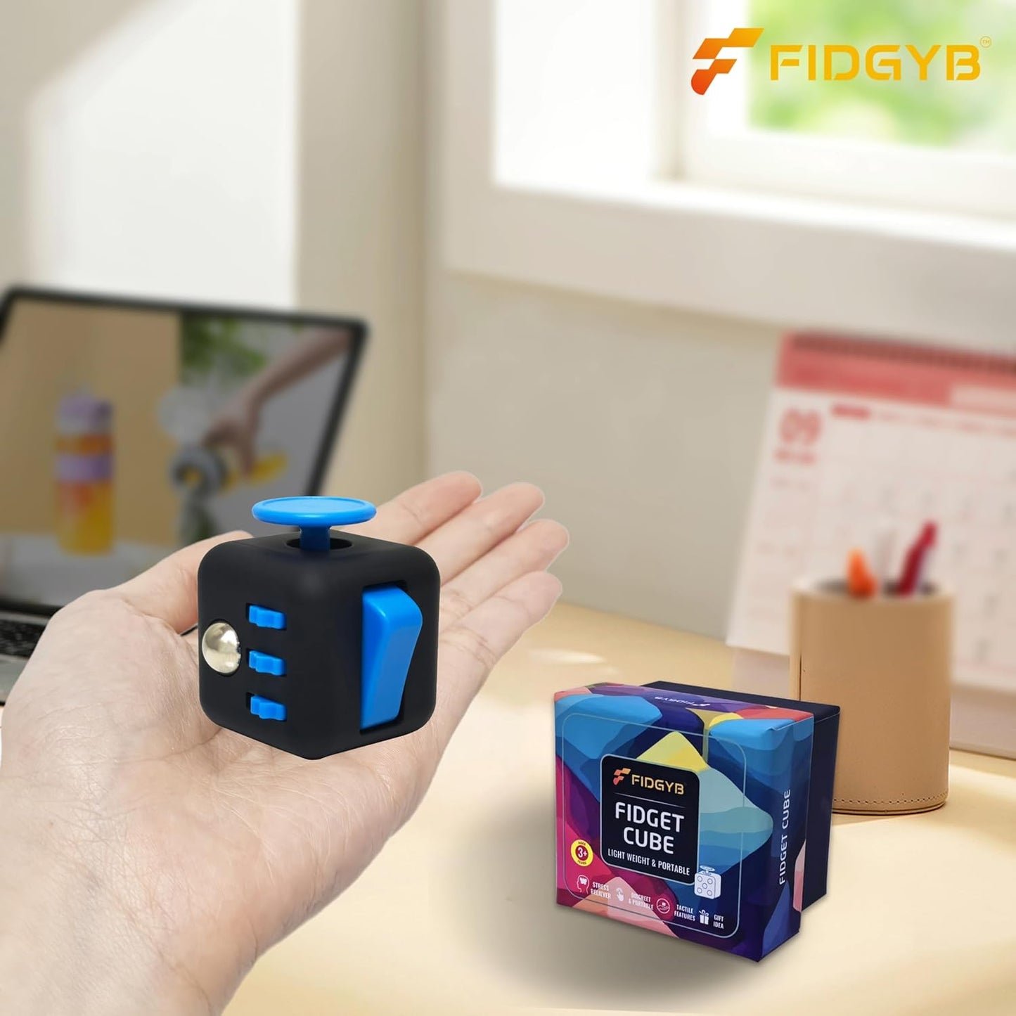 Cube Fidget Stress Relief Toy for Adults & Kids, Smooth, Quiet Sensory Toy for Anxiety, Focus & ADHD Idea[Blk_Blue]