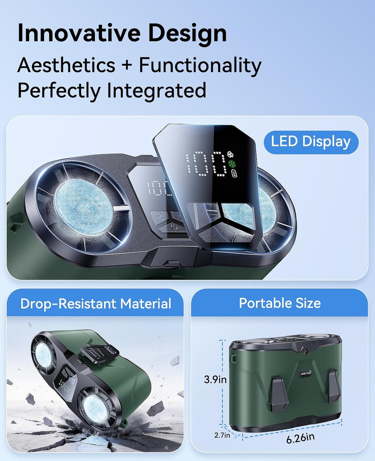 KIMMOO Portable Waist Fan, Dual-Motor with Ice Cooling, 10000mAh Battery