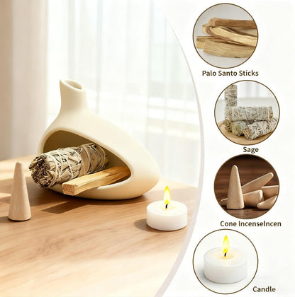 Palo Santo Holder, Ceramic Incense Burner for Sticks Sage Holders Cone Burning Smudge Bowl with Ash Brush for Meditation Yoga Spa Room Decor (White)