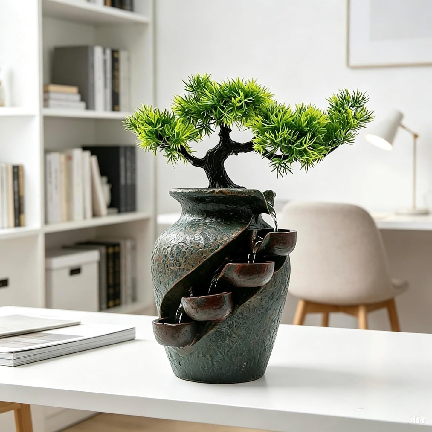 Mini Artificial Bonsai Tree Waterfall Fog Feature Rock Tabletop Fountain | 11in Desktop Decor Waterfall Fountain W/ Water Pump& Atomizer&LED Lights &Fake Tree Office Bedroom Relax