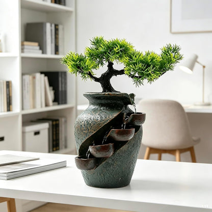 Mini Artificial Bonsai Tree Waterfall Fog Feature Rock Tabletop Fountain | 11in Desktop Decor Waterfall Fountain W/ Water Pump& Atomizer&LED Lights &Fake Tree Office Bedroom Relax