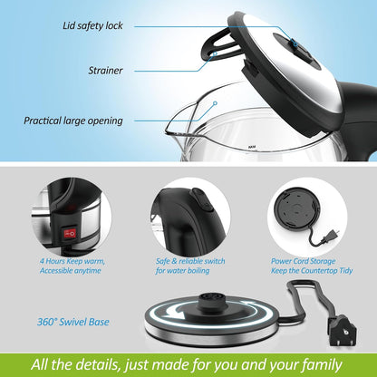 NISVITU 1.7L Dual Wall Cool Touch Electric Kettle, BPA-Free Borosilicate Glass Inner, PC Outer, 1500W Fast Boil Cordless Hot Water Boiler & Electric Tea Kettle, Keep Warm, Auto Shut-Off, White