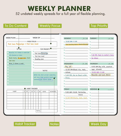 Undated Weekly and Monthly Planner, Hardcover Leather Calendar Blank Planner, Simplified To Do List Notebook with Goal & Habit Tracker Organizer, A5 Daily Weekly Planner for Work School Home, Black