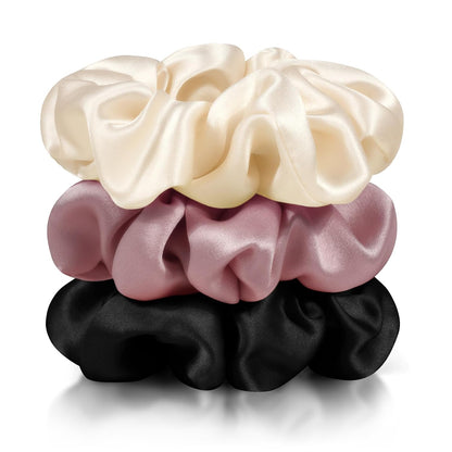 Zenssia Silk Scrunchies for Hair, Mulberry Silk Hair Ties for Women and Girls, No Damage Elastic Ponytail Holders（Black, 3 Pack）