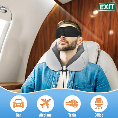 CloudBliss Travel Pillow for Airplane, Memory Foam Neck Pillow for Travel, Compact Flight Pillow with Eye Mask, Earplugs, Carry Bag, Travel Neck Pillow for Long Flight Sleep, Plane Accessories, Black