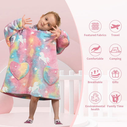 Fiosnow Glow in the Dark Unicorn Blanket Hoodies for Kids 6-13YR Oversize Wearable Blanket Hoodies for Boys Girls Teens