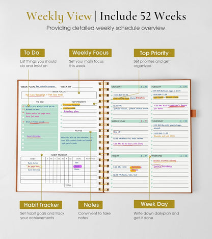 Undated Weekly and Monthly Planner, B5 Large Weekly To Do List Notebook with Goal & Habit Tracker Organizer, Hardcover Spiral Bound Blank Monthly Planner for Work School Home 7.4" x 9.64" Black