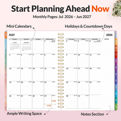 SUNEE Academic Planner 2026-2027 – Weekly & Monthly Planner, July 2026 to June 2027, 6.4"x8.3", Thick Paper, Tabs, Pockets, Bookmark, Spiral-Bound, Student Teacher Organizer, Black