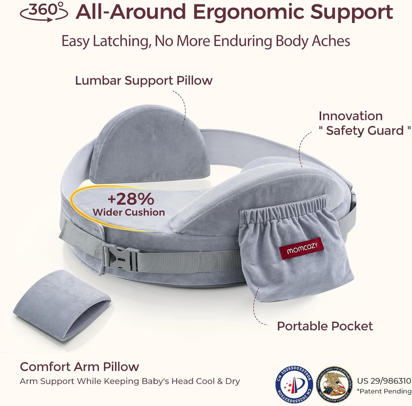Momcozy CozyPro Nursing Pillow - All Around Lumbar & Arm Support - Safety Guard, Firm & Springy Memory Foam-Stable, Ergonomic Support, Easier Breastfeeding, Wider Cushion, Adjustable, Removable Cover