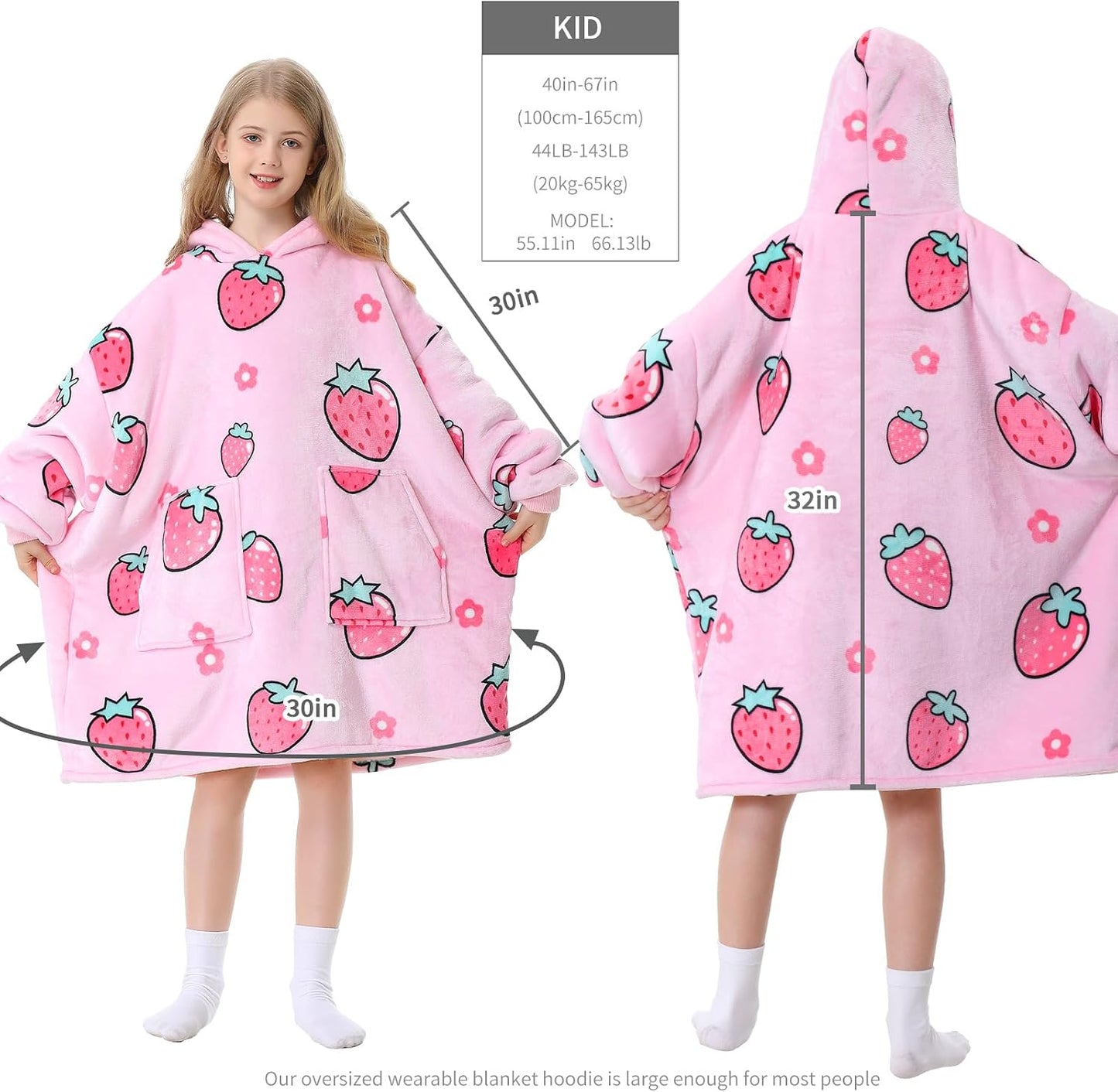 Aemicion Strawberry Blanket Hoodie,Oversized Sherpa Wearable Hooded Blanket,Warm Cozy Sweatshirt Gifts for Women Girls Adult