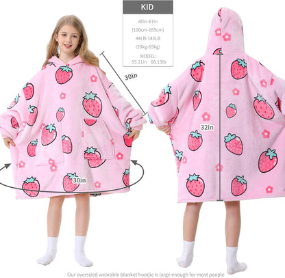 Aemicion Strawberry Blanket Hoodie,Oversized Sherpa Wearable Hooded Blanket,Warm Cozy Sweatshirt Gifts for Women Girls Adult