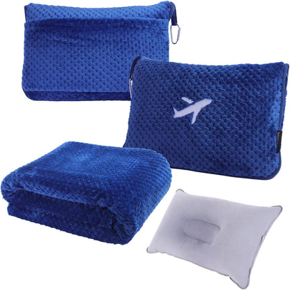 3 in 1 Travel Blanket Pillow Set - 350 GSM Thick Travel Blanket Airplane Compact with Bag, Soft Bag with a Pocket, Inflatable Travel Pillow for Camping & Car Trip(Mint Green)