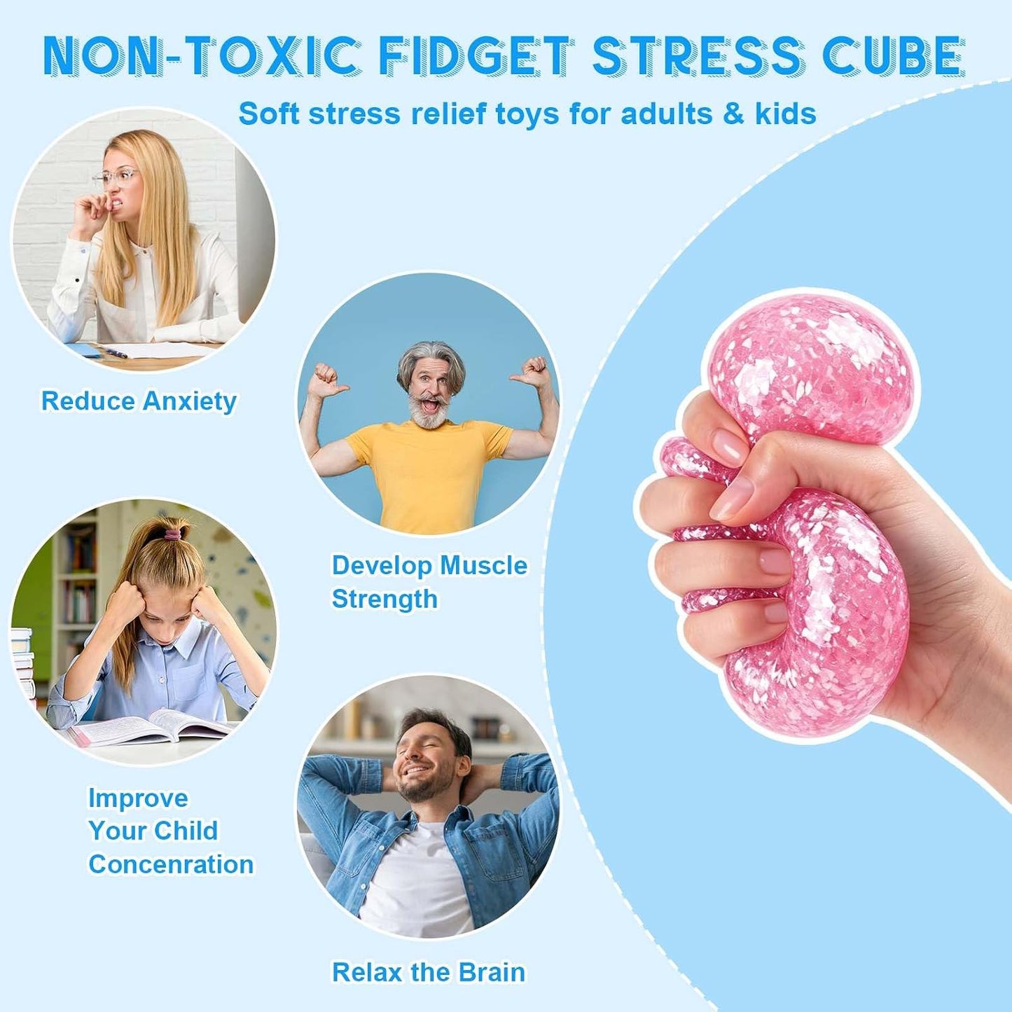 Square Squishy Squeeze Fidget Toys: Stress Relief Toys for Men Super Soft Slow Rising Cube - Sensory Desk Toys for Office Stress, Anxiety Relief & Focus - Cool Birthday Party Favors for Teens & Adults