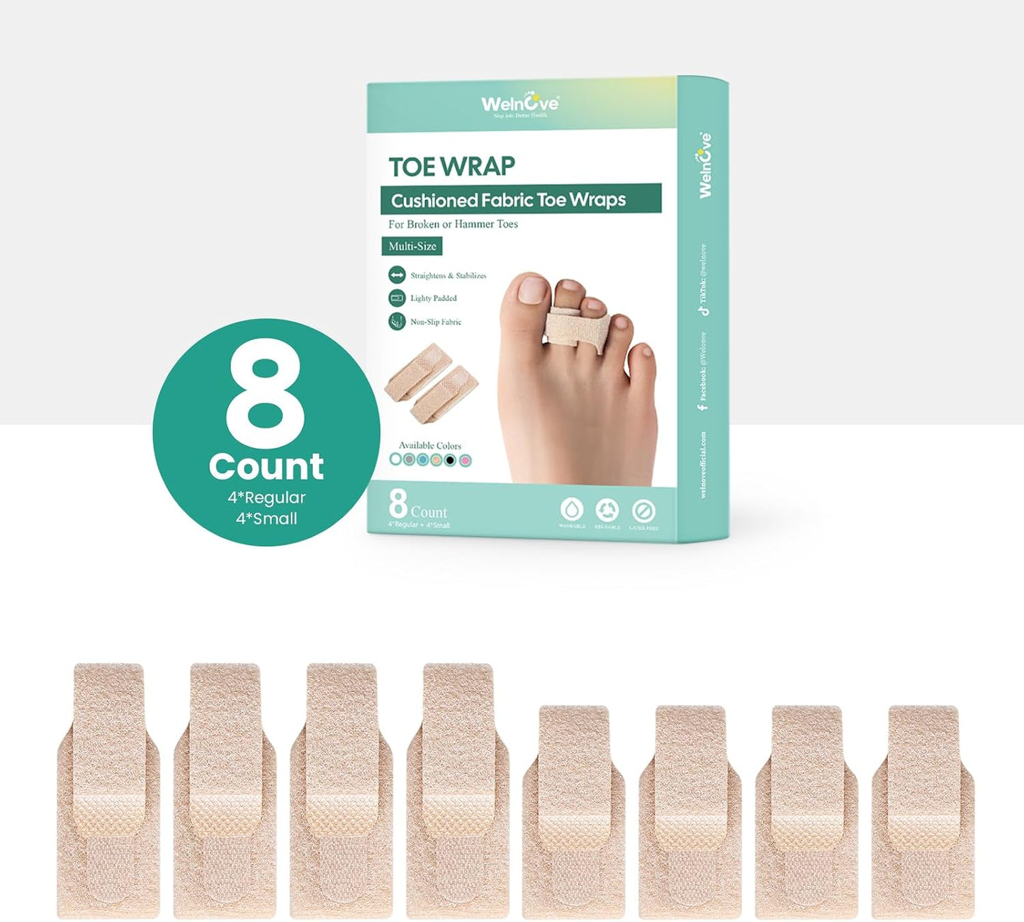 Welnove Hammer Toe Straightener - 8 Pack Broken Toe Wraps - Hammer Toe Corrector for Women - Toe Splints for Crooked Toes, Curled Toes, Bent Toes - (Large, Beige)