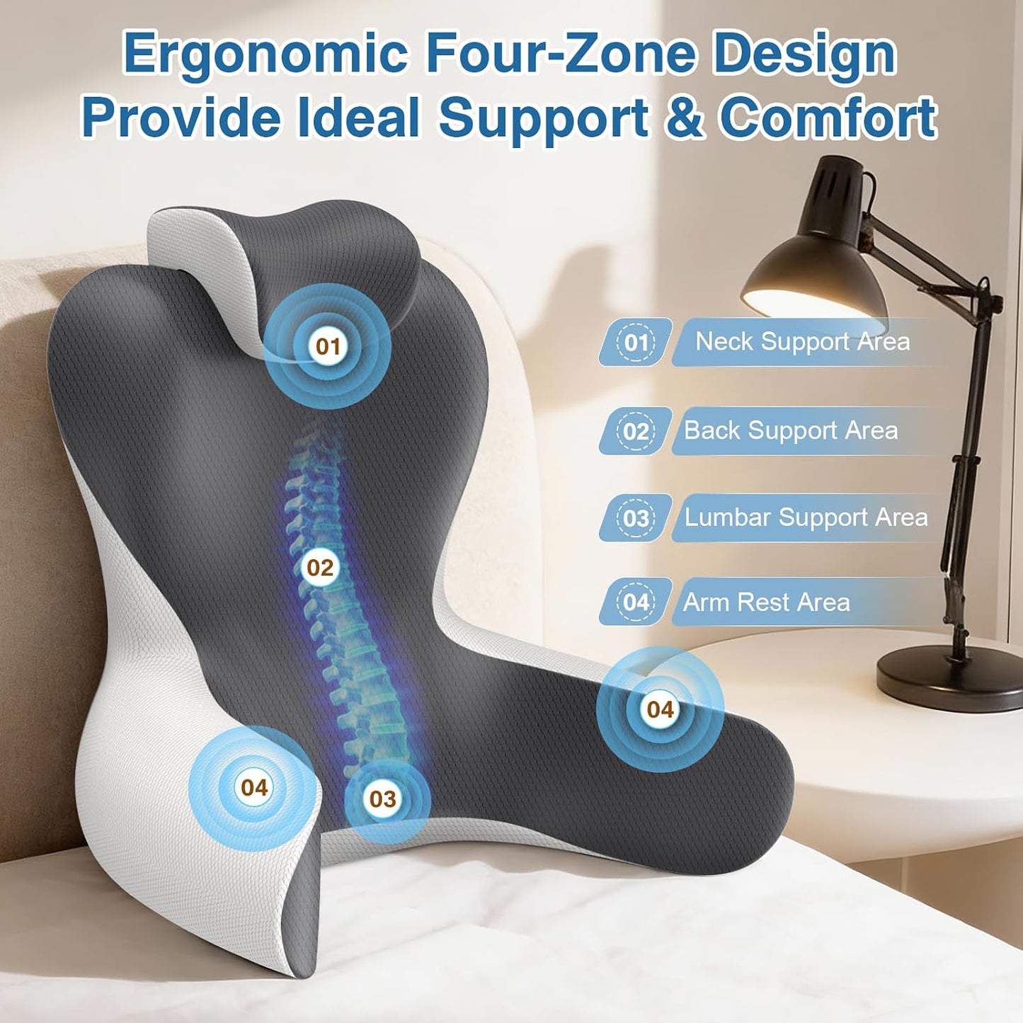 Reading Pillow for Bed, 22”H Back Pillow for Sitting Up,Bed Chair Pillows with Lumbar Rest & Neck Support,Backrest Cushion with Arms for Reclining,Gaming,Resting,Watching TV in Couch or Floor