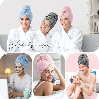 YFONG 3 Pack Large Microfiber Hair Towel Wrap, 30" x 10" Anti Frizz Quick Dry Hair Towels for Women Long, Curly, Thick Hair, Super Absorbent Hair Turban for Wet Hair (Grey, White, Camel)