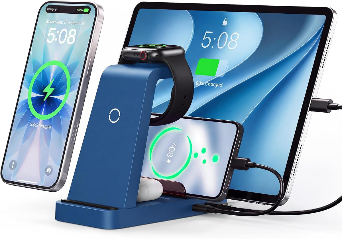 Wireless Charger for iPhone - 5 in 1 Charging Station for Multiple Devices Apple: Fast Wireless Charging Stand Dock for iPhone 17 16e 16 15 14 13 12 Pro Max Apple Watch Airpods