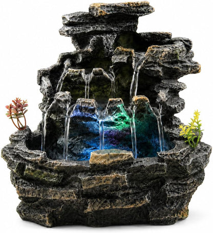 Indoor Tabletop Water Fountain with LED Light, Resin Rock-Look Waterfall Decor, Feng Shui Inspired Zen Fountain for Desk, Office, Bedroom, Living Room & Meditation Space (9" Cascading Rock)