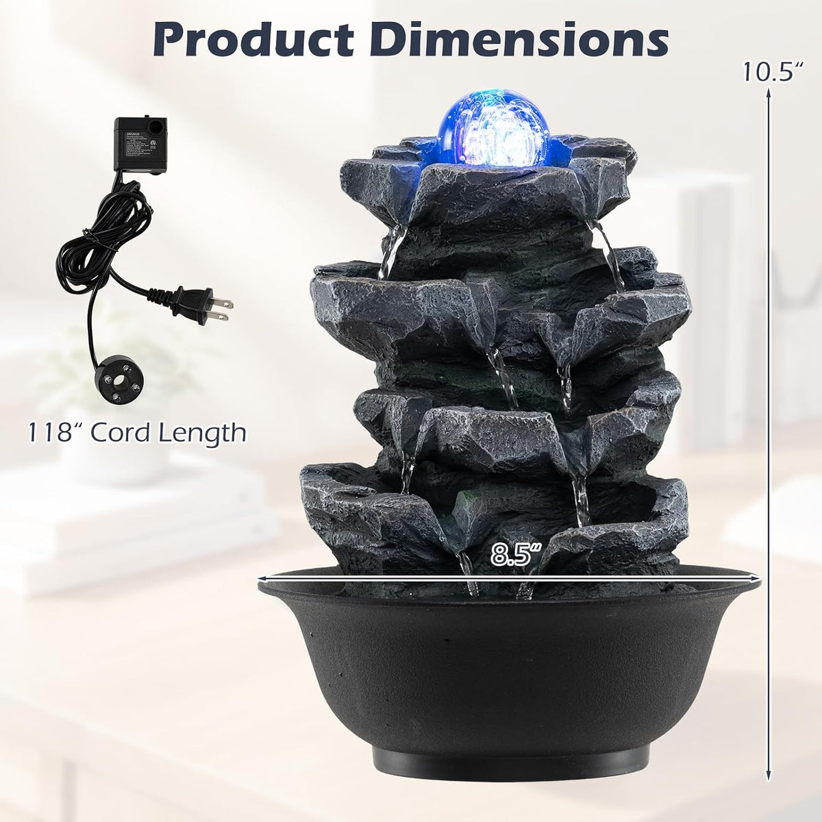Giantex Tabletop Water Fountain with Warm LED Light, Tiered Rock Waterfall with Pump, Zen Meditation Desktop Decor for Office, Home Relaxation