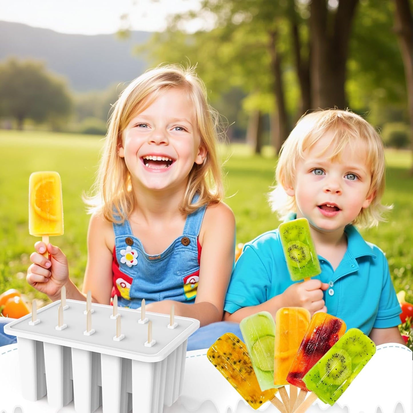 Miaowoof Homemade Popsicle Molds, 10-Cav Non-BPA Silicone Ice Pop Maker, with 50 Sticks, 50 Bags, 10 Reusable Sticks, Funnel, Brush and Ice Pop Recipe (Red)