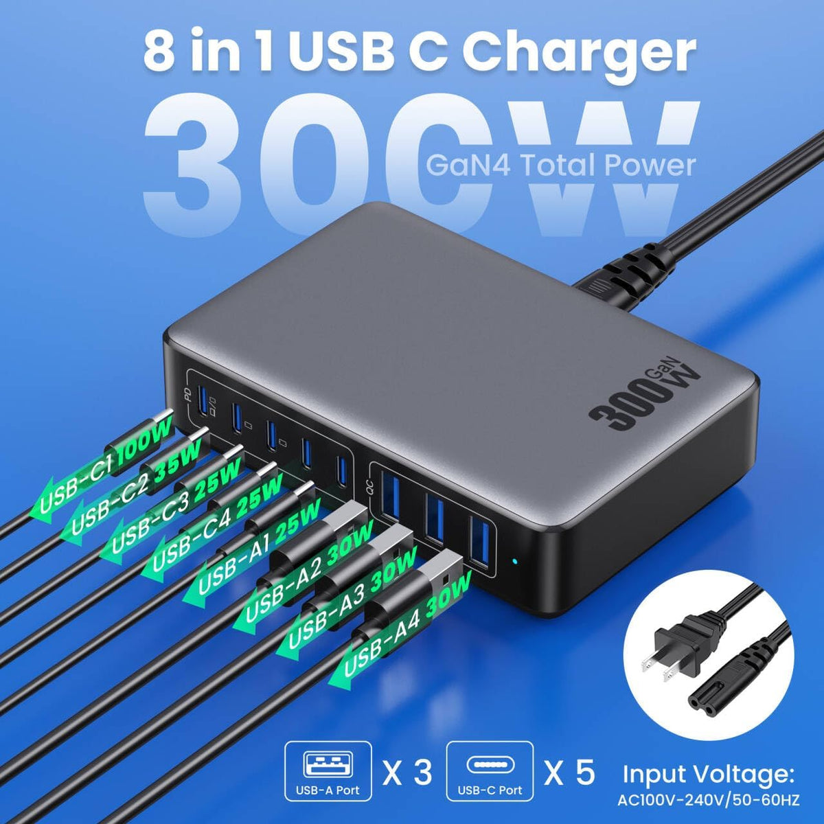 USB C Charger 200W USB C Charger Block,Upgraded GaN III 8-Port Fast Charging Station Hub,PD 65W Laptop Charging Adapter Compatible with MacBook Pro/Air,DELL,Steam Deck,iPhone 16/15/14,Galaxy S23/22