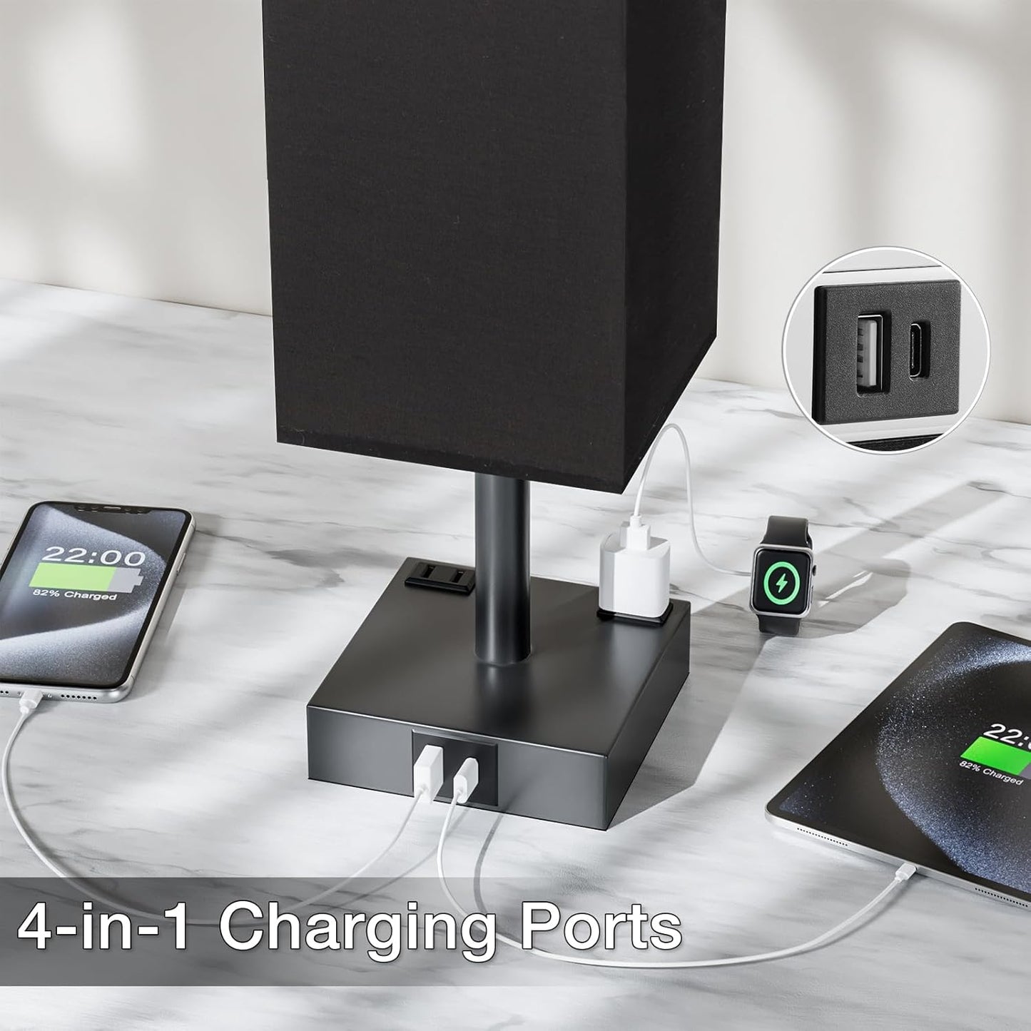 【Upgraded】Bedside Table Lamp Touch Control, with USB C+A Charging Ports & Dual AC Outlets, 3-Way Nightstand Lamp for Bedroom with LampShade Living Room Office(LED Dimmable Bulb Included)