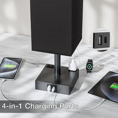【Upgraded】Bedside Table Lamp Touch Control, with USB C+A Charging Ports & Dual AC Outlets, 3-Way Nightstand Lamp for Bedroom with LampShade Living Room Office(LED Dimmable Bulb Included)