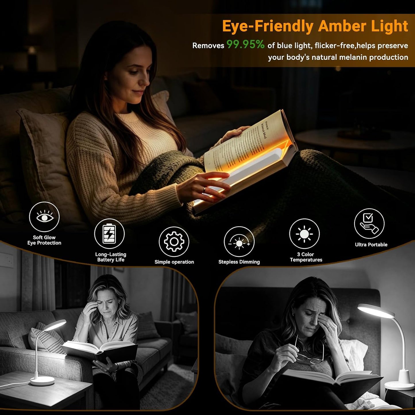 Book Light, Rechargeable Clear LED Flat Reading Light with 3 Colors & Timer, Dimmable Panel Plate Lamp Book Full Page Light for Reading in Bed at Night, Funny Gifts for Readers Kids Women Men (White)