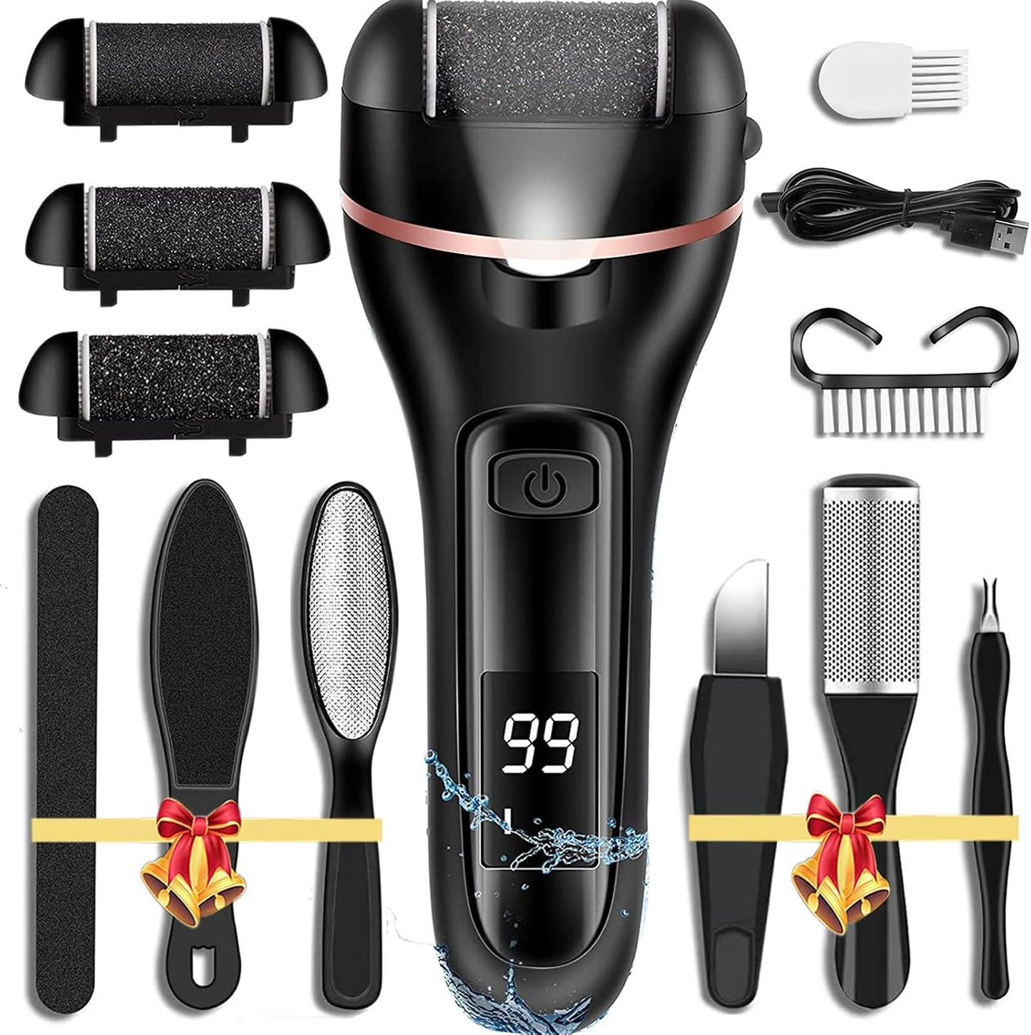 Callus Remover for Feet Electric Foot File, 13-in-1 Professional Pedicure Tools Foot Care Kit, Foot Scrubber Pedi for Hard Cracked Dry Dead Skin, 3 Rollers, 2 Speed, Battery Display (Black2)