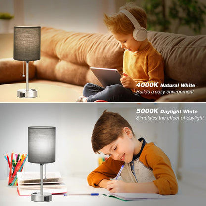 Small Bedside Table lamp for Bedroom - 3 Color Temperatures Bedside Lamps with USB C and A Ports, Pull Chain Table Lamps with AC Outlet, White Nightstand Lamps with Black Metal Base for Kids Reading