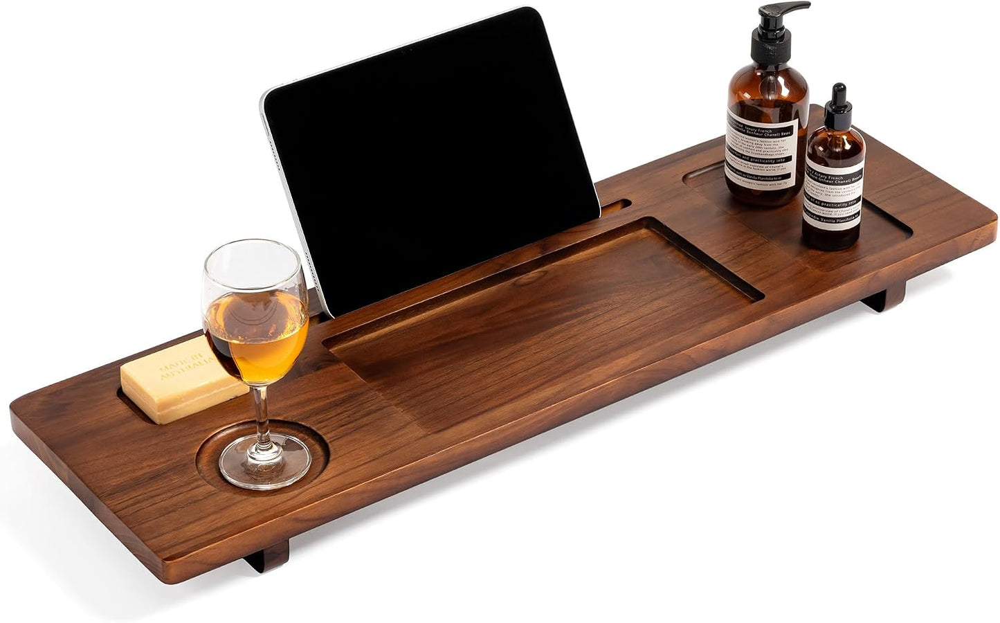 Teak Bathtub Tray for Freestanding Tubs - 35" Heavy-Duty Luxury Bath Caddy, Non-Slip Zero-Wobble Design, Water-Resistant Spa Organizer with Wine Glass & Phone Holder