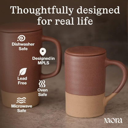 Mora Ceramics Tea Cup with Loose Leaf Infuser, Spoon and Lid, 12 oz, Microwave and Dishwasher Safe Coffee Mug - Rustic Matte Ceramic Glaze, Modern Herbal Tea Strainer - Great Gift for Women, Garnet