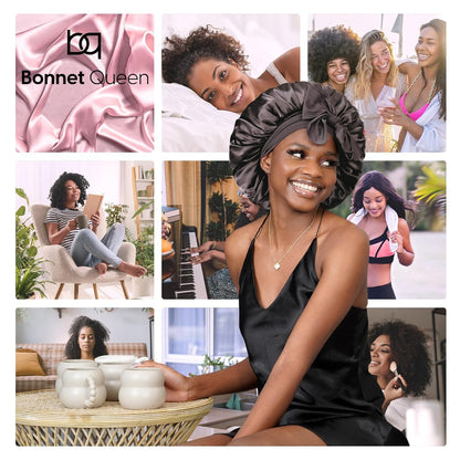 BONNET QUEEN Silk Bonnet for Sleeping for Women Satin Bonnet Night Cap for Curly Hair with Tie Band, Single Layer, Cream Pink