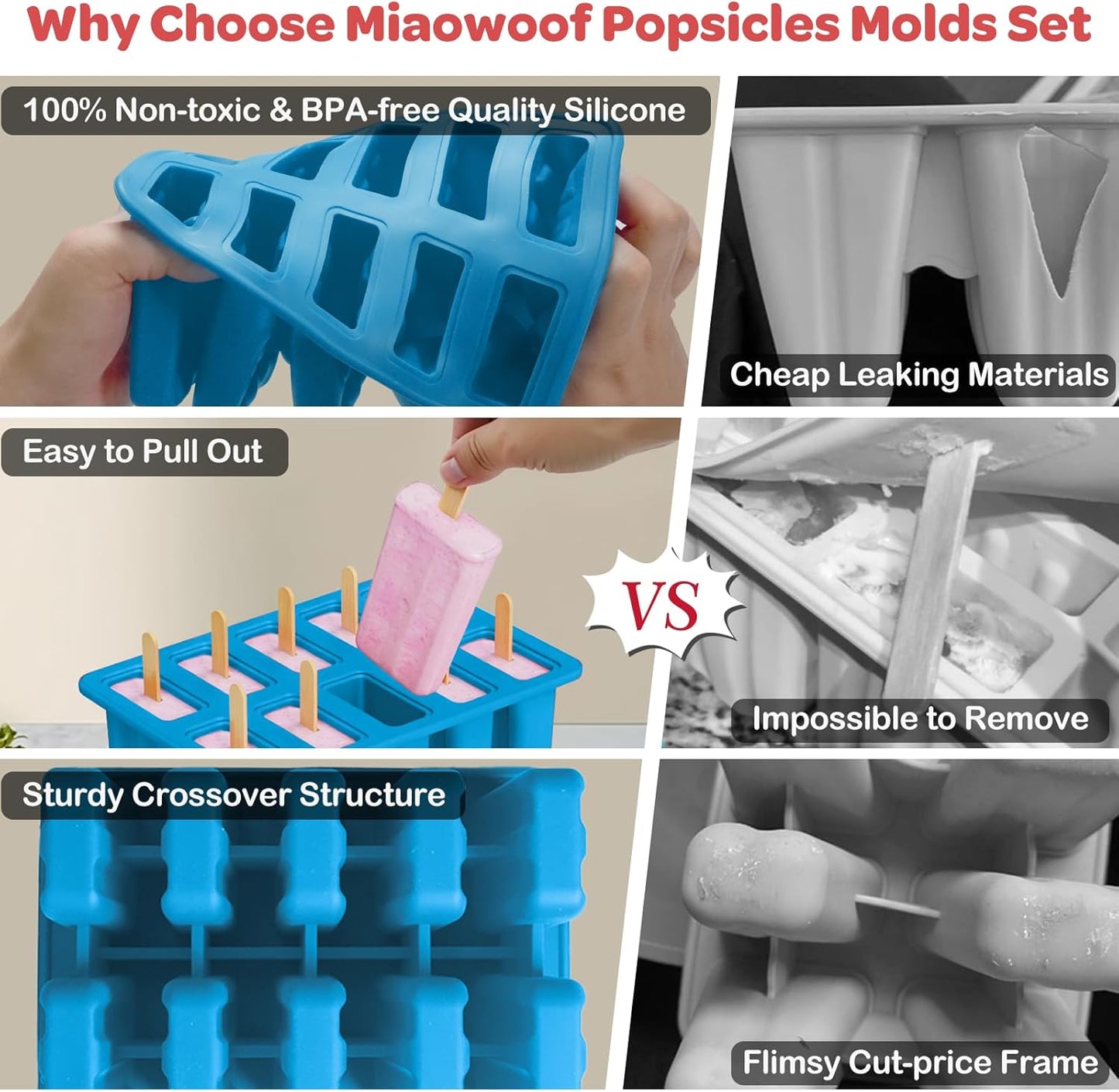 Miaowoof Homemade Popsicle Molds, 10-Cav Non-BPA Silicone Ice Pop Maker, with 50 Sticks, 50 Bags, 10 Reusable Sticks, Funnel, Brush and Ice Pop Recipe (Red)