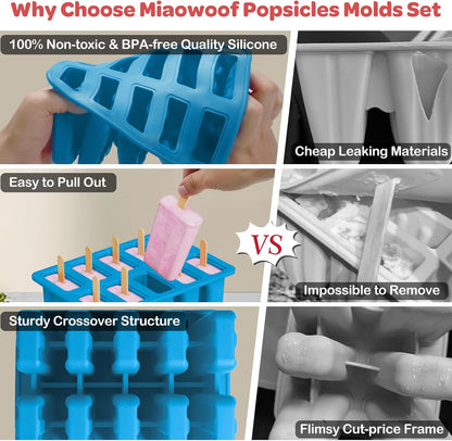 Miaowoof Homemade Popsicle Molds, 10-Cav Non-BPA Silicone Ice Pop Maker, with 50 Sticks, 50 Bags, 10 Reusable Sticks, Funnel, Brush and Ice Pop Recipe (Red)