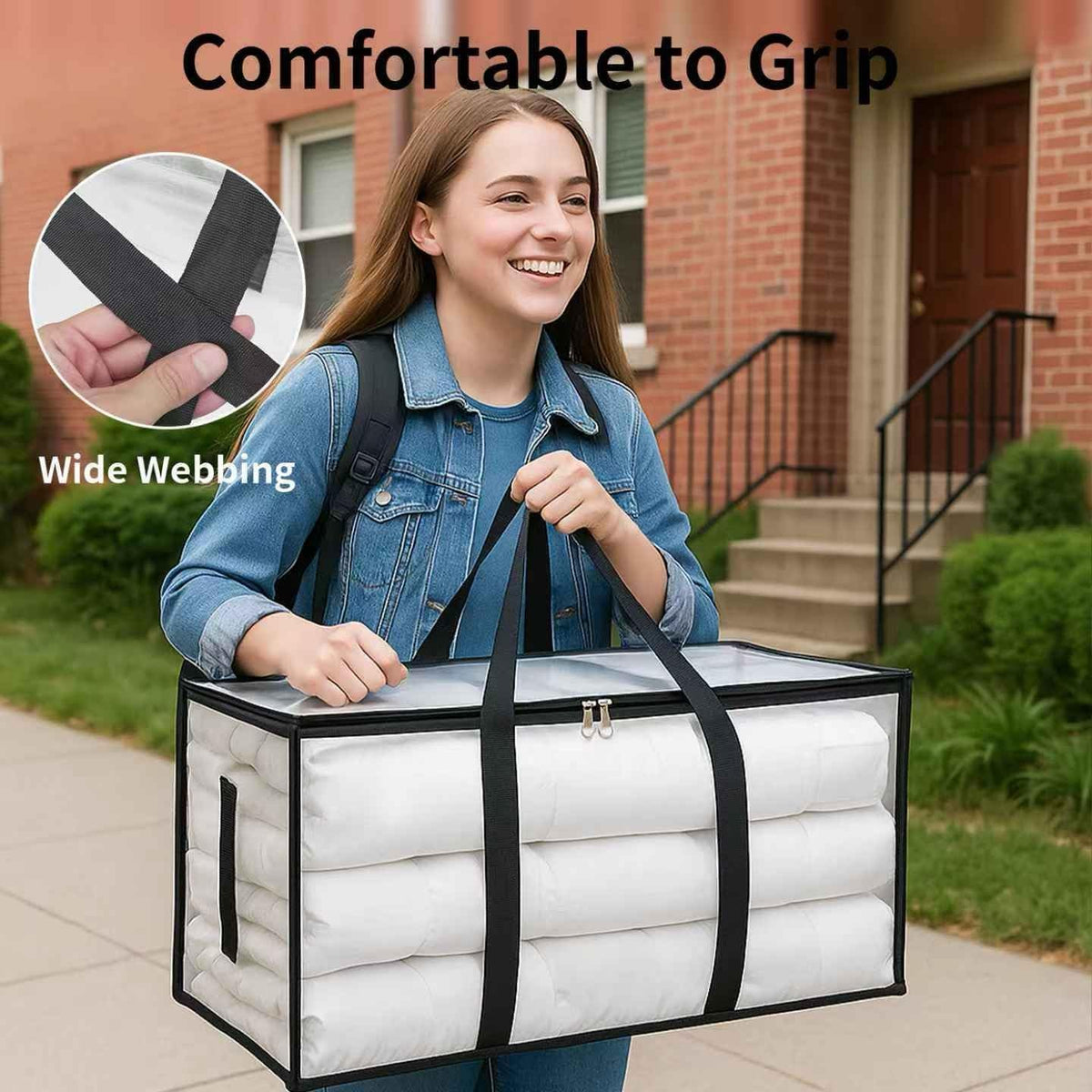 Moving Bags Extra Large - Heavy Duty Storage Totes with Wrap-Around Handles & Reinforced Zippers - Foldable Moving Box Alternative, Water-Resistant for Dorm, Closet & Under Bed Storage (Clear)