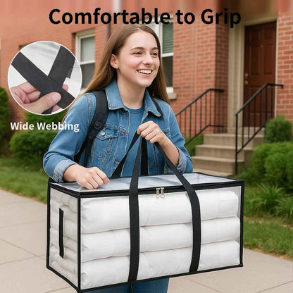 Moving Bags Extra Large - Heavy Duty Storage Totes with Wrap-Around Handles & Reinforced Zippers - Foldable Moving Box Alternative, Water-Resistant for Dorm, Closet & Under Bed Storage (Clear)