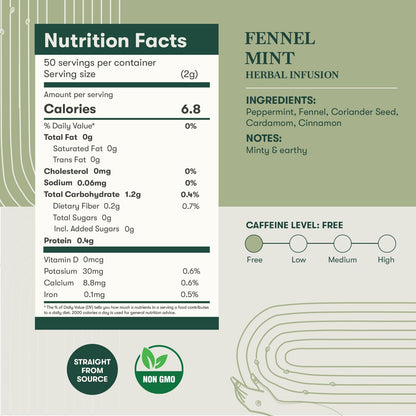 Luxmi Estates Fennel Mint Herbal Tea | Loose Leaf in Resealable Tin Caddy 100g (3.5oz, ~50 Cups) | 5-Herb Ayurvedic Digestive Blend with Fennel, Peppermint, Coriander Seed, Cardamom & Cinnamon, Caffeine-Free