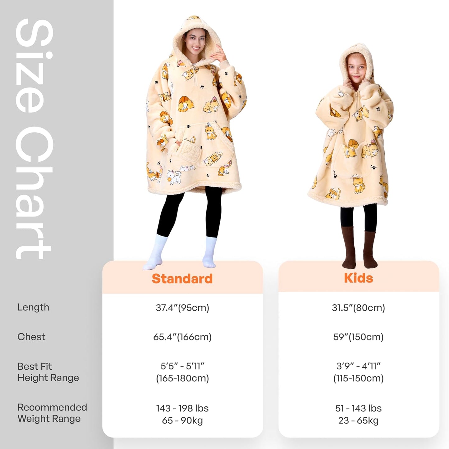 Giggling Getup Wearable Blanket Hoodie for Adults Gifts for Teen Girls Sister Women Sherpa Fleece Printed Hooded Blanket Sweatshirt Warm Cozy with Pocket & Sleeves Beige Cat