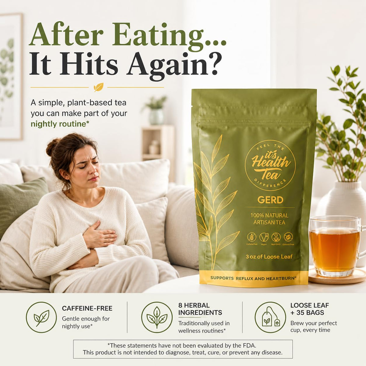 GERD Relief Herbal Tea: 8-Digestive Herb Blend, Natural Acid Reflux & Heartburn Aid, Pre/Post Meal Support, 3oz with 35 Bags