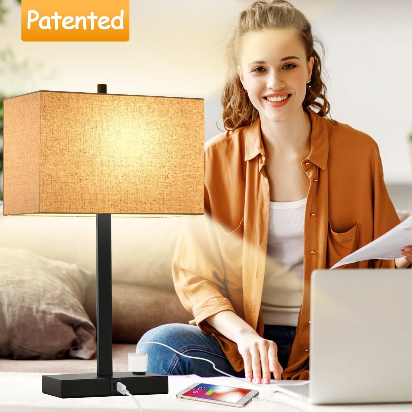 21" Touch Bedside lamps with 2 USB & AC Outlets, 3-Way Dimmable Bedside Table Lamps Set of 2 for Bedroom Living Room Office Reading, Gray Shade Lamps for Night Stands, 5000K LED Bulbs Included