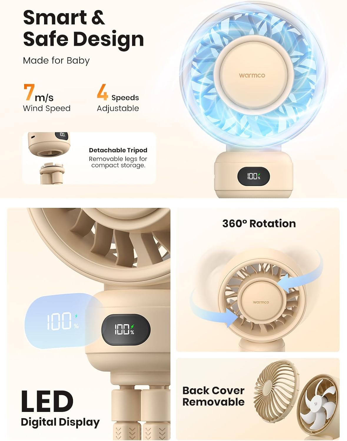 Warmco Portable Stroller Fan, 4000mAh Rechargeable Clip On Fan