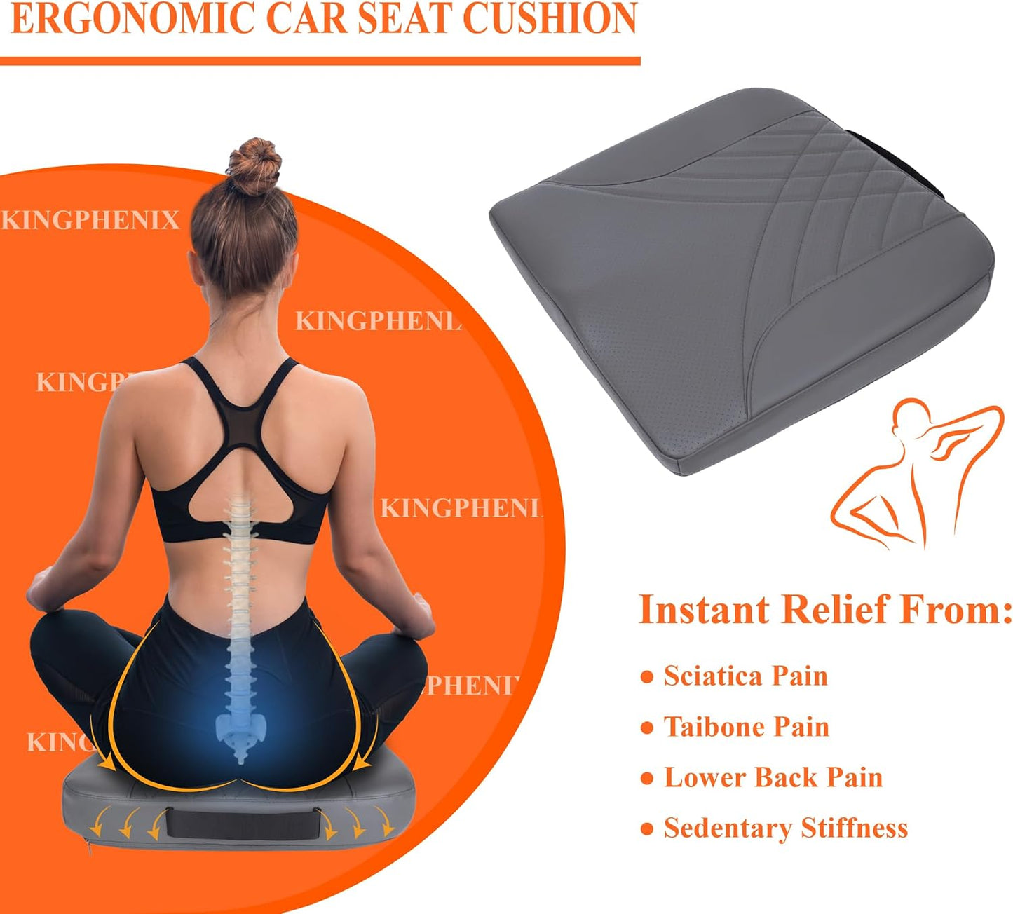 kingphenix Premium Car Seat Cushion, Memory Foam Driver Seat Cushion to Improve Driving View- Coccyx & Lower Back Pain Relief - Seat Cushion for Car, Truck, Office Chair (Leather Black)